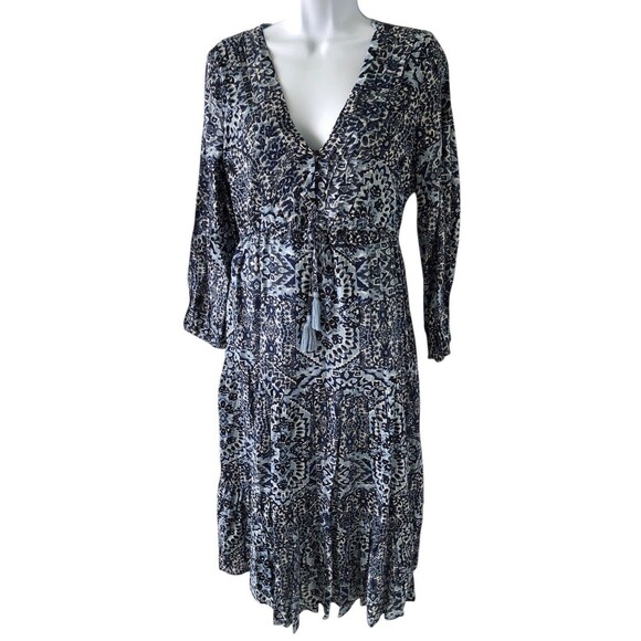 NWT Lucky Brand Tiered Bohemian Maxi Dress Blue Women’s Button Down Tie Waist S - Picture 1 of 13